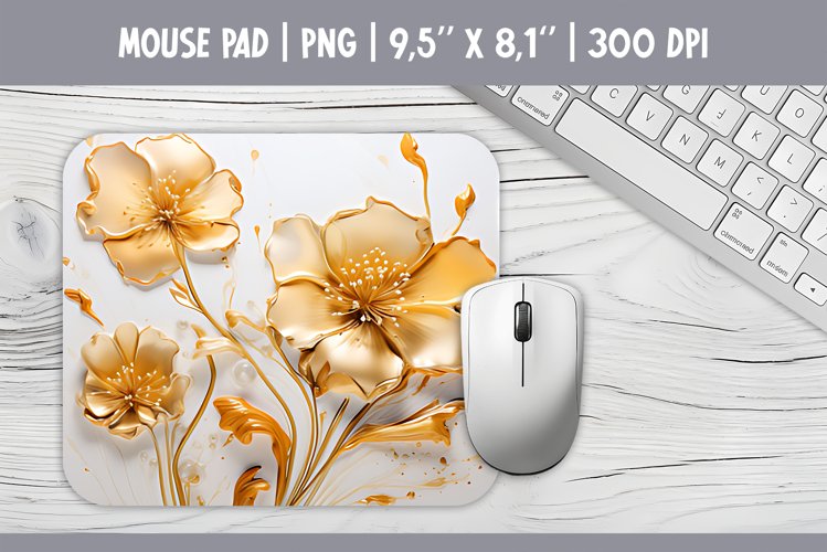 3d Gold Flowers Mouse Pad Sublimation Design PNG