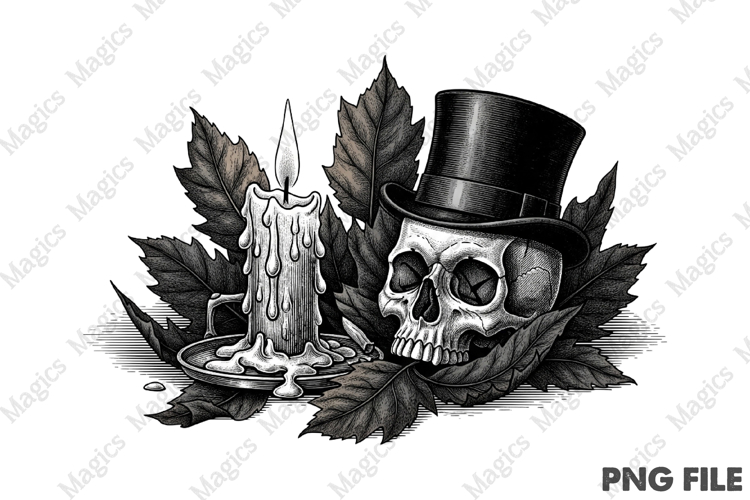 vintage human skull wearing leaves PNG example image 1