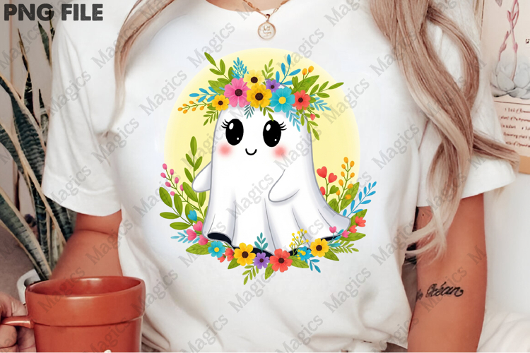 Cute Boho Floral Ghost Halloween PNG example image 1