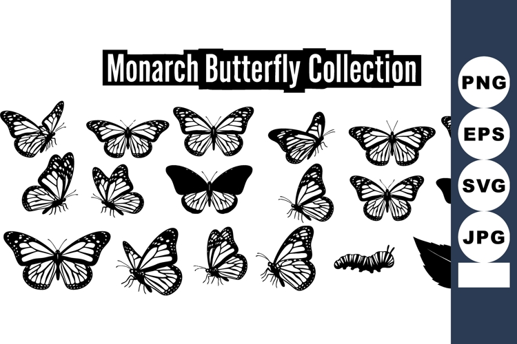 Monarch butterfly collection vector with silhouette insects,