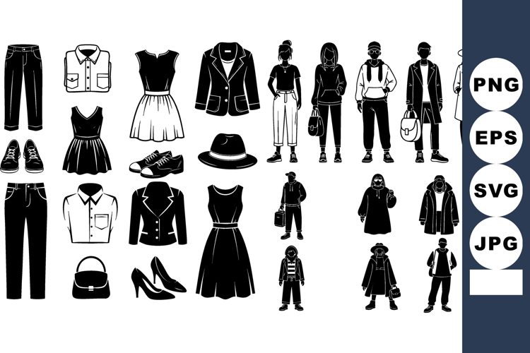 Fashion clothing and accessory silhouettes with men women an
