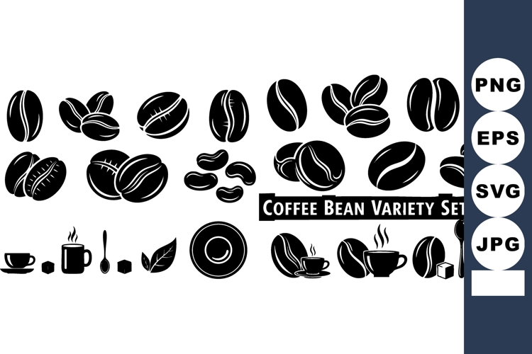 Coffee bean variety set with cups, mugs, leaves, and spoons