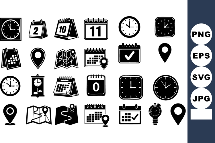 Time and location icons set with clocks calendars maps pins