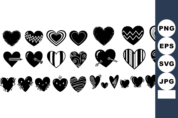 Hand drawn black heart shapes collection with unique doodle