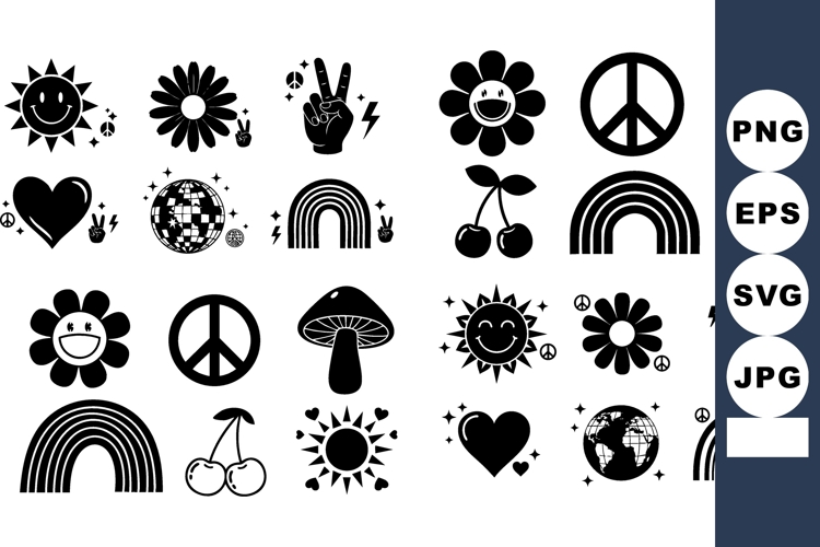 Retro hippie symbols collection with peace sign, rainbow, su
