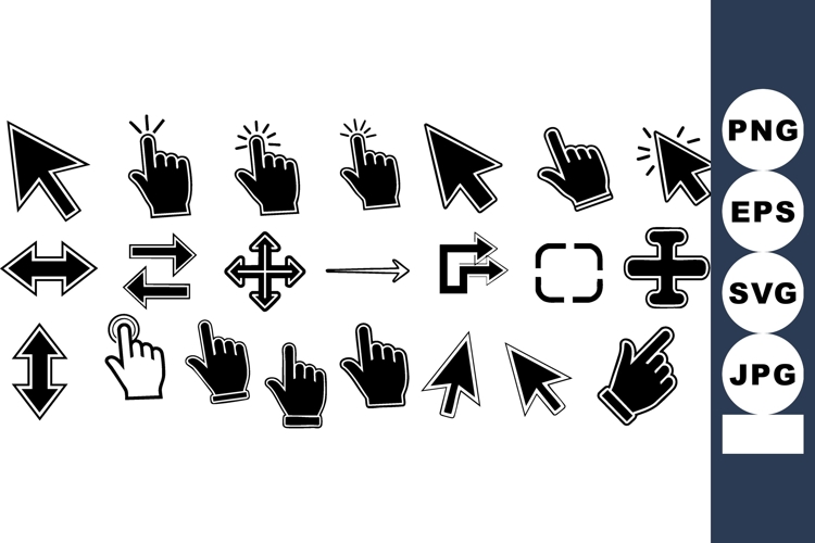Computer mouse cursor icons and pointer hand symbol set in b