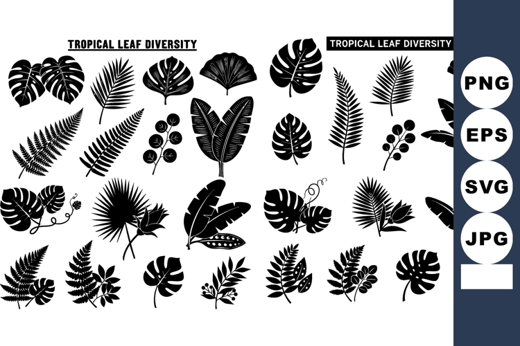 Tropical leaf diversity collection with assorted silhouettes