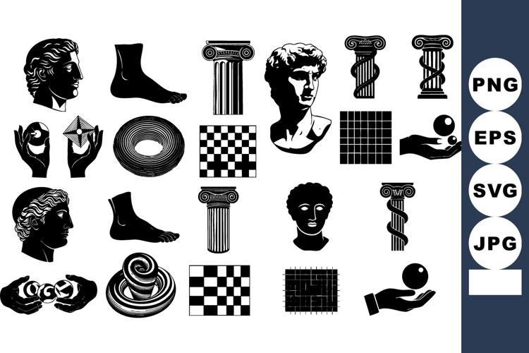 Classical sculpture heads ancient columns geometric shapes h