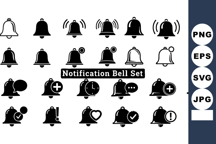 Notification bell icon set with various alert, message, time