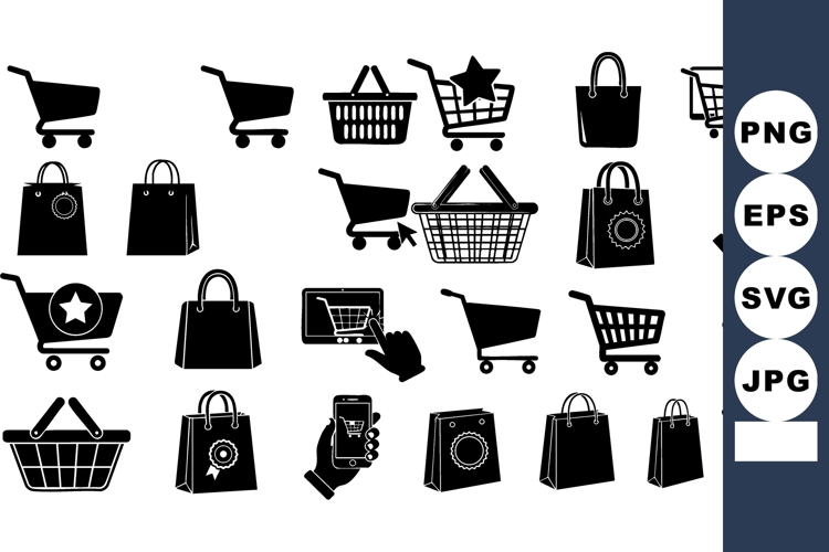 Shopping cart icons and bag symbols for online retail, e-com