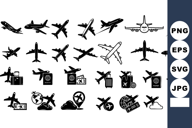 Airplane travel vector icons set with luggage passports tick