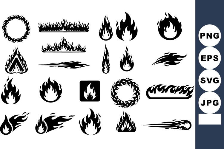 Fire flame icons collection in black silhouette style for gr