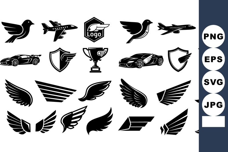 Wing icon set with birds, airplanes, cars, trophies, shields