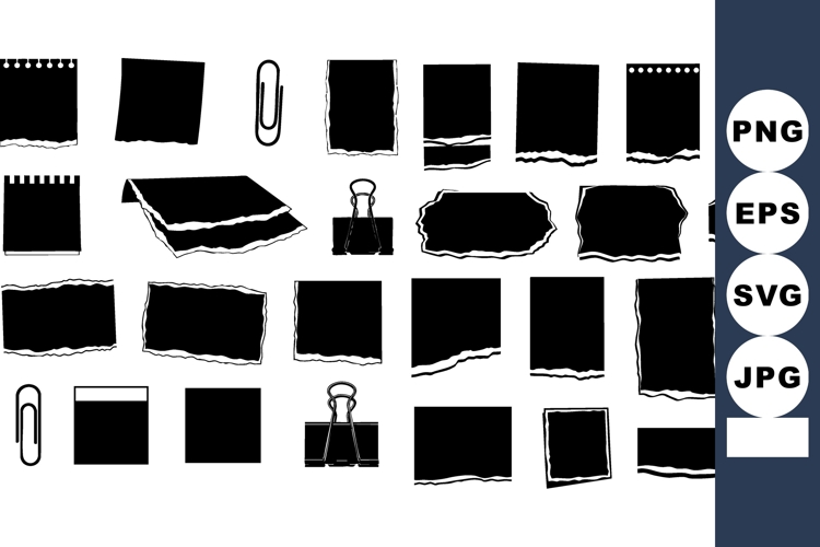 Torn paper note shapes with binder clips paper clips and not