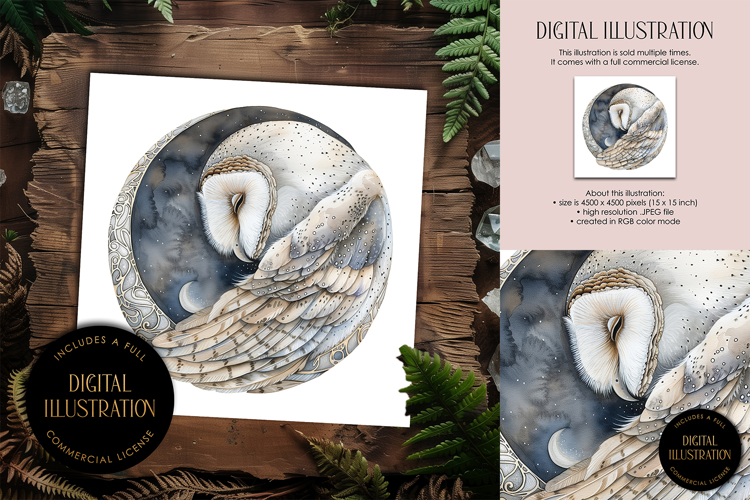 Barn Owl in Moon Circle Illustration