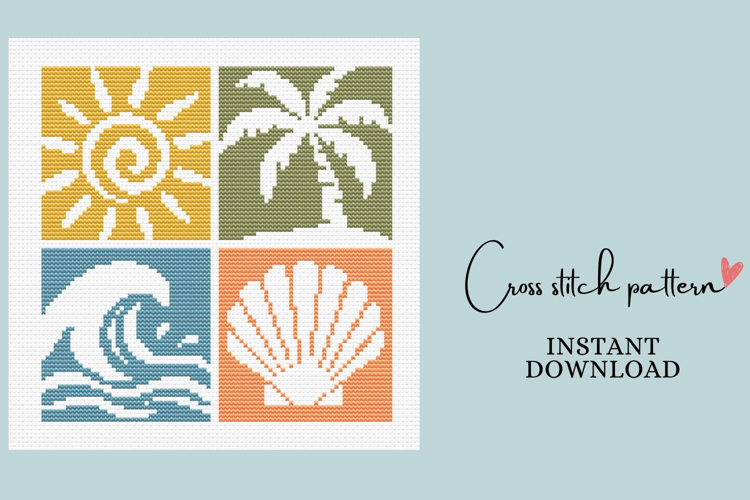 Sun Wave Seashell Palm Tree Cross Stitch Pattern