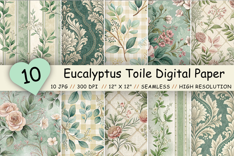 Eucalyptus Toile Digital Paper Pack, Vintage Floral Toile