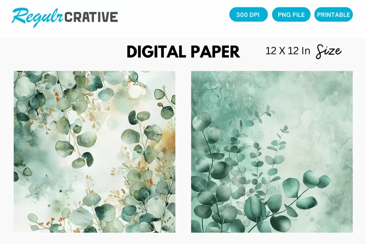 Eucalyptus Watercolor Seamless Digital Paper, Eucalyptus PNG