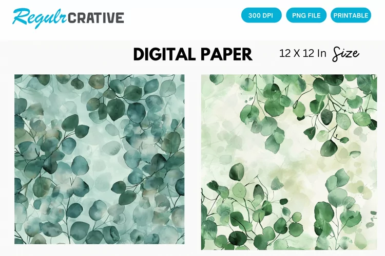 Eucalyptus Watercolor Seamless Digital Paper, Eucalyptus PNG