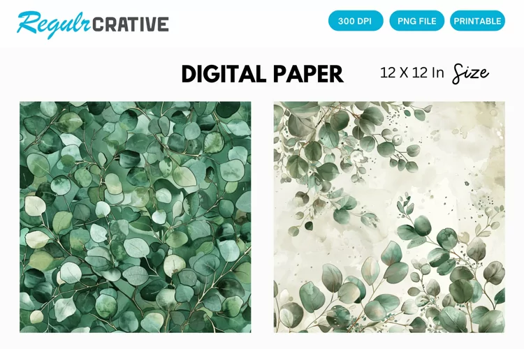 Eucalyptus Watercolor Seamless Digital Paper, Eucalyptus PNG