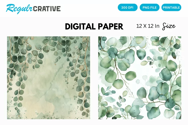 Eucalyptus Watercolor Seamless Digital Paper, Eucalyptus PNG