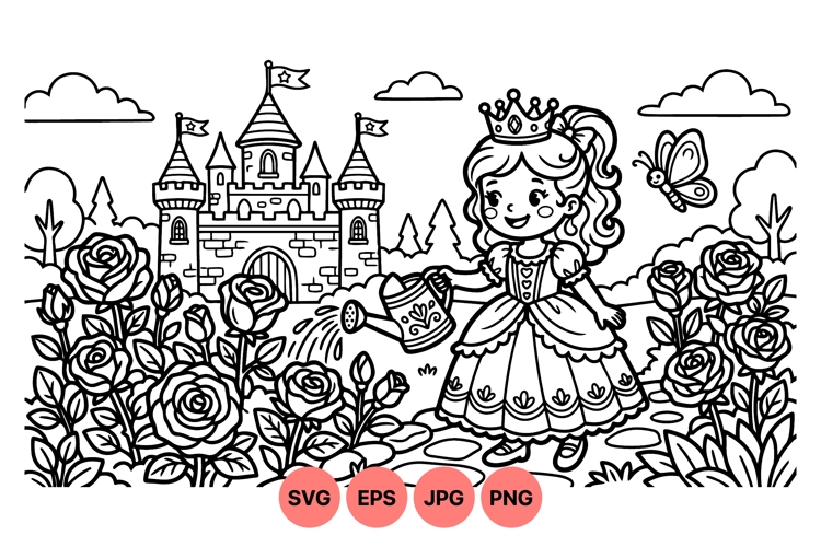 Princess and Castle Garden Coloring Illustration