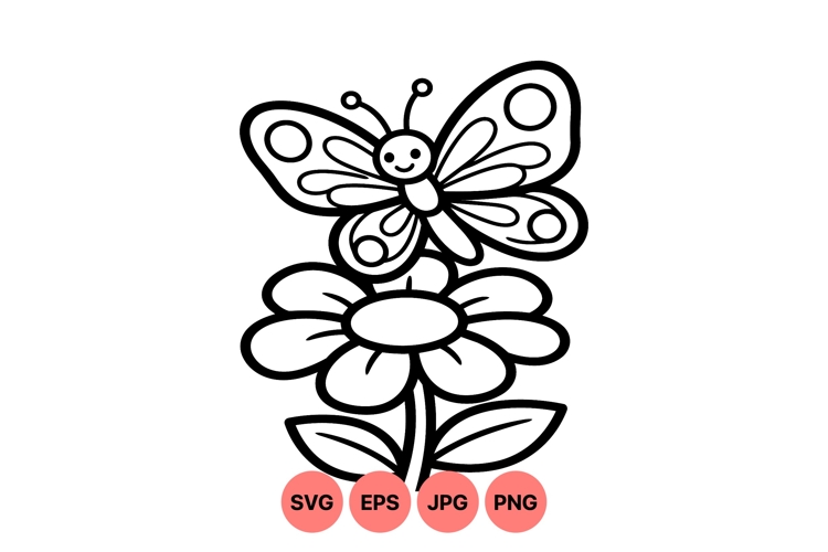 Black And White Butterfly With Flower SVG Illustration