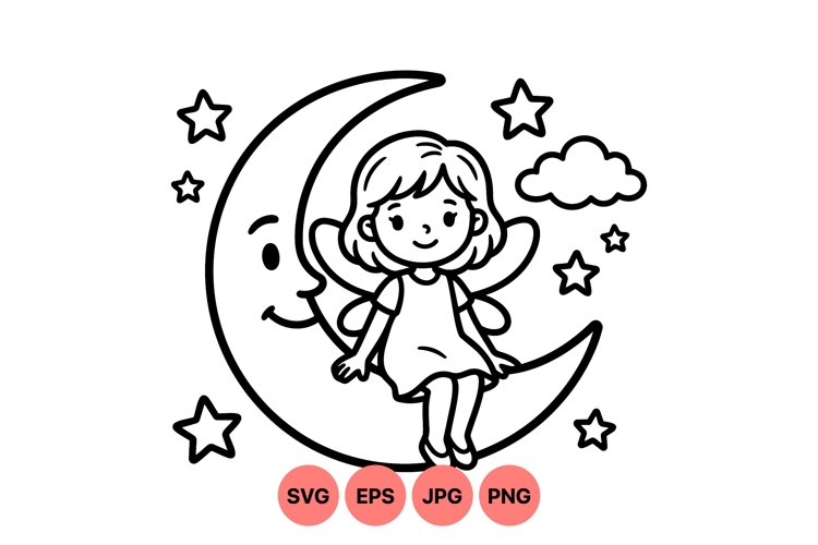 Hand Drawn Fairy Sitting On Crescent Moon Illustration