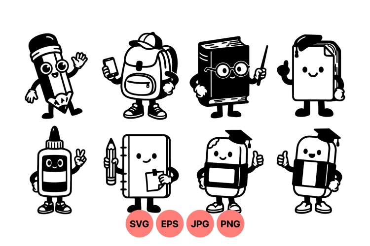 Adorable School Supplies Cartoon Clipart SVG Designs