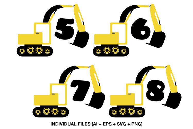 Four yellow excavator birthday number illustrations featuring ages five through eight for construction-themed party decorations.