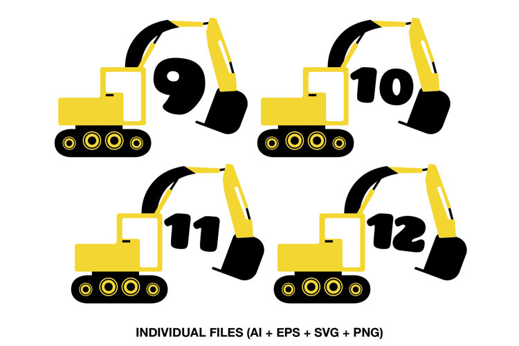 Four yellow excavator number illustrations featuring numerals 9, 10, 11 and 12 for preschool educational activities.