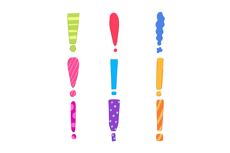 Cartoon exclamation marks showing attention, warning, and su