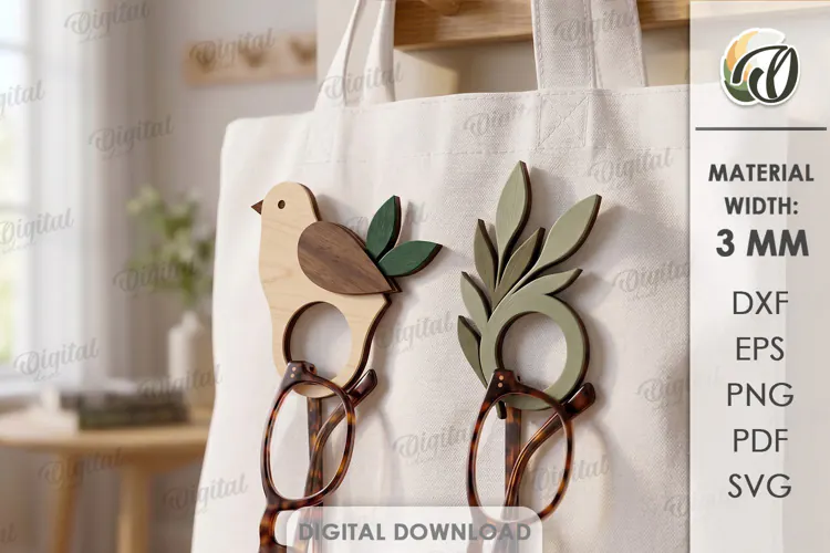 Eyeglass Holder Brooches Laser Cut. Bird. Flower SVG
