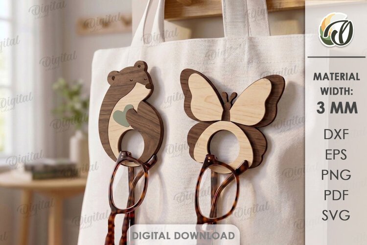Eyeglass Holder Brooches Laser Cut. Bear. Butterfly SVG example image 1