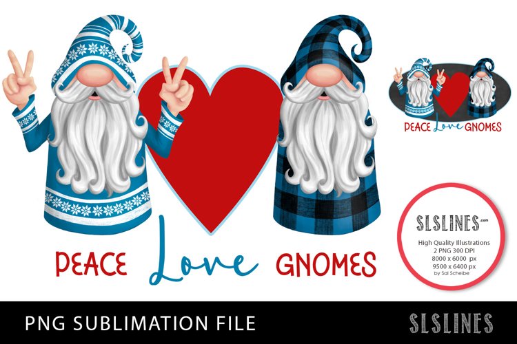 Peace Love Gnomes in Blue & Red PNG sublimation example image 1