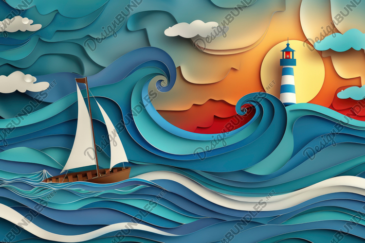 Papercut Seascape with a Lighthouse Background Wallpaper
