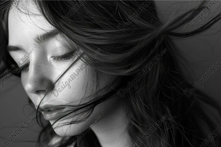 Close-up of a serene woman with windswept hair in black and example image 1