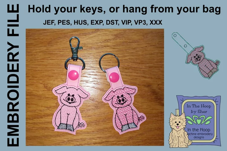 ITH Pig Key Fob - Embroidery Design