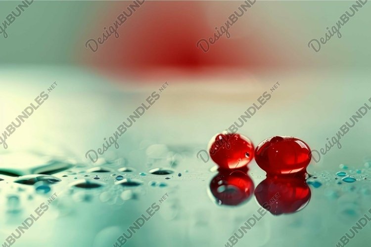 Two red berries laying on a wet surface reflecting on the wa