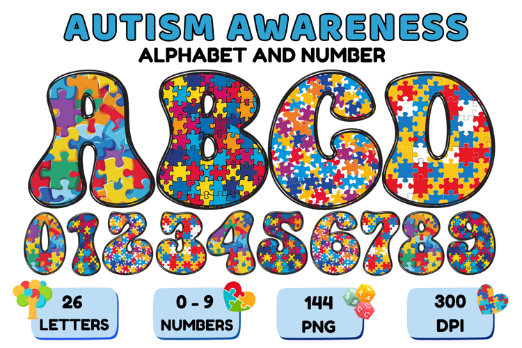 Autism Awareness Doodle Letters Puzzle Piece Alphabet PNG