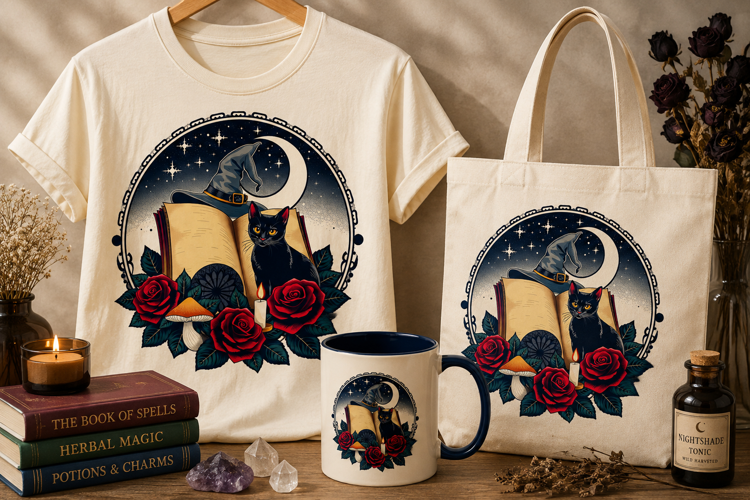 Witch Hat Cat Book PNG with Roses | Halloween Clipart