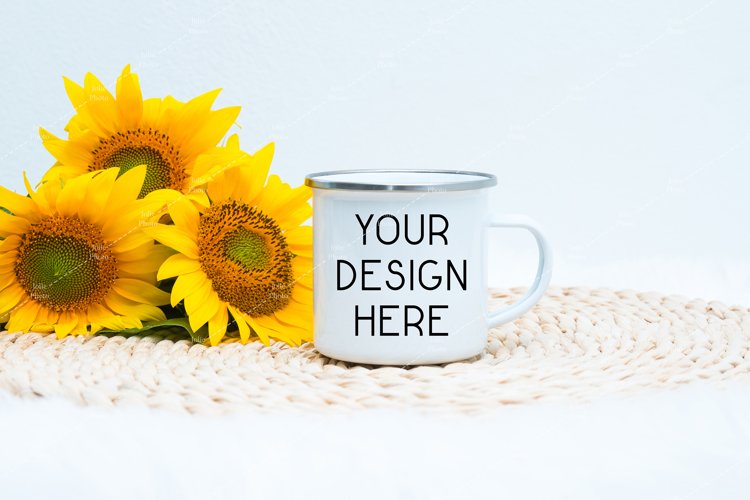 Enamel Blank White Coffee Cup Mug Mockup Sunflowers example image 1