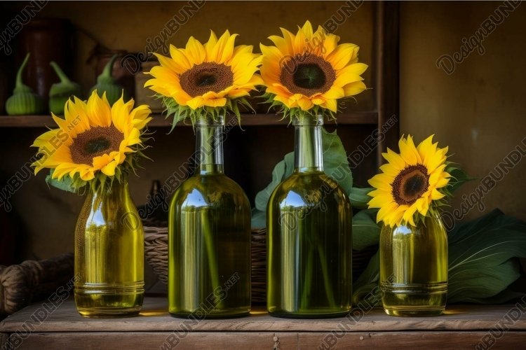 Trio of sunflowers in green glass bottles example image 1