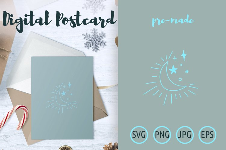 Shining crescent moon with stars postcard example image 1
