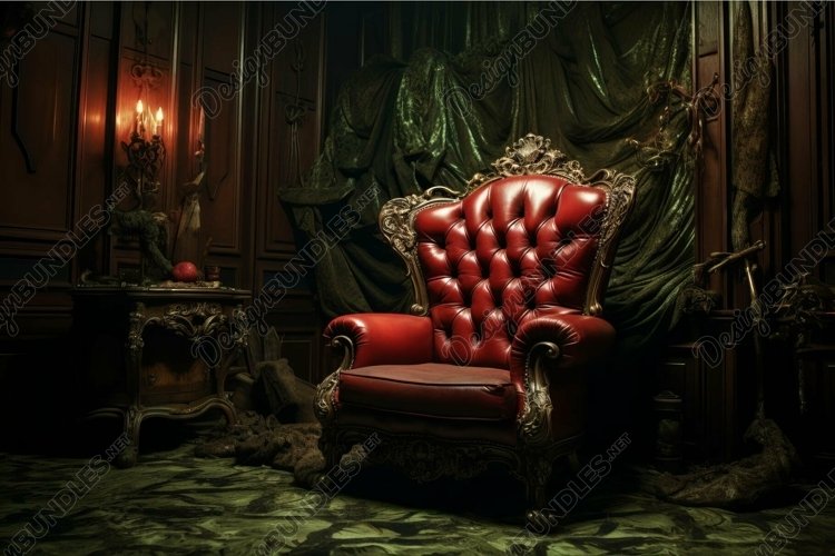 Majestic vintage red armchair in a luxurious dark room example image 1