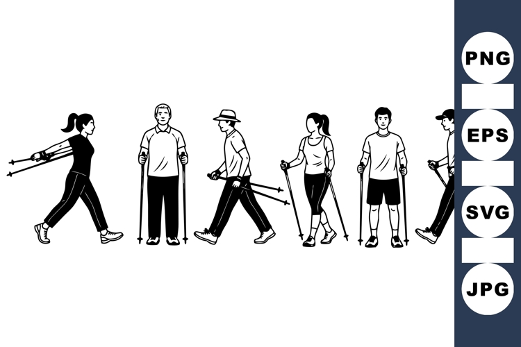 Nordic Walking Silhouettes Vector Clipart
