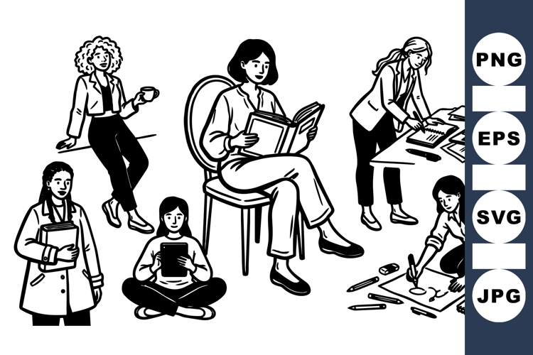 Hand Drawn Women Working And Reading Vector