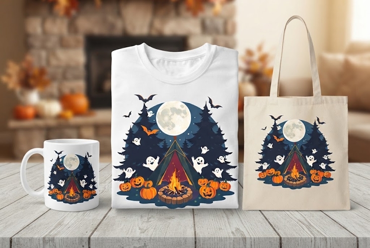 Spooky Halloween Camping Tent Design with Ghosts and Pumpkin