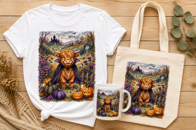 Vampire Highland Cow Cape Halloween Pumpkins Watercolor Art