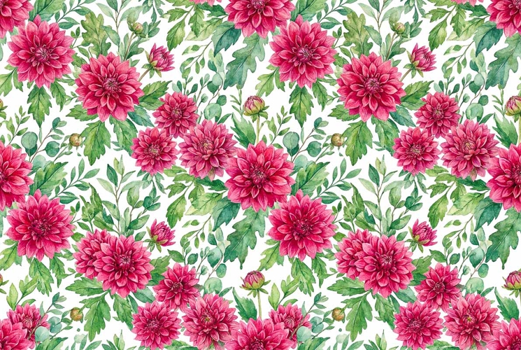 Watercolor dahlia and greenery pattern Mothers Day
